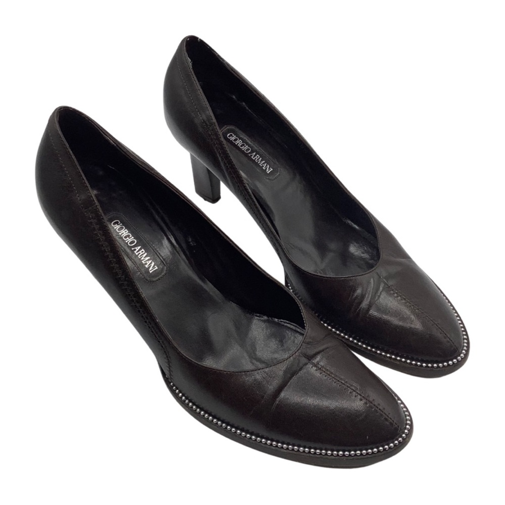 Giorgio Armani Dark Brown Almond Toe Leather Pumps Designer Mid Heel Shoes 36.5